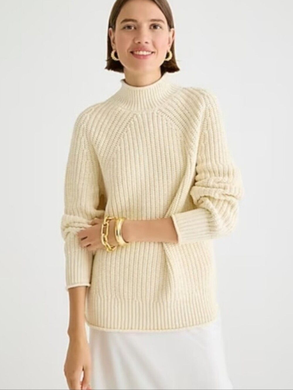 J. Crew Relaxed Rollneck Sweater Knit Fisherman Cream 100% Cotton Classic Sz XS